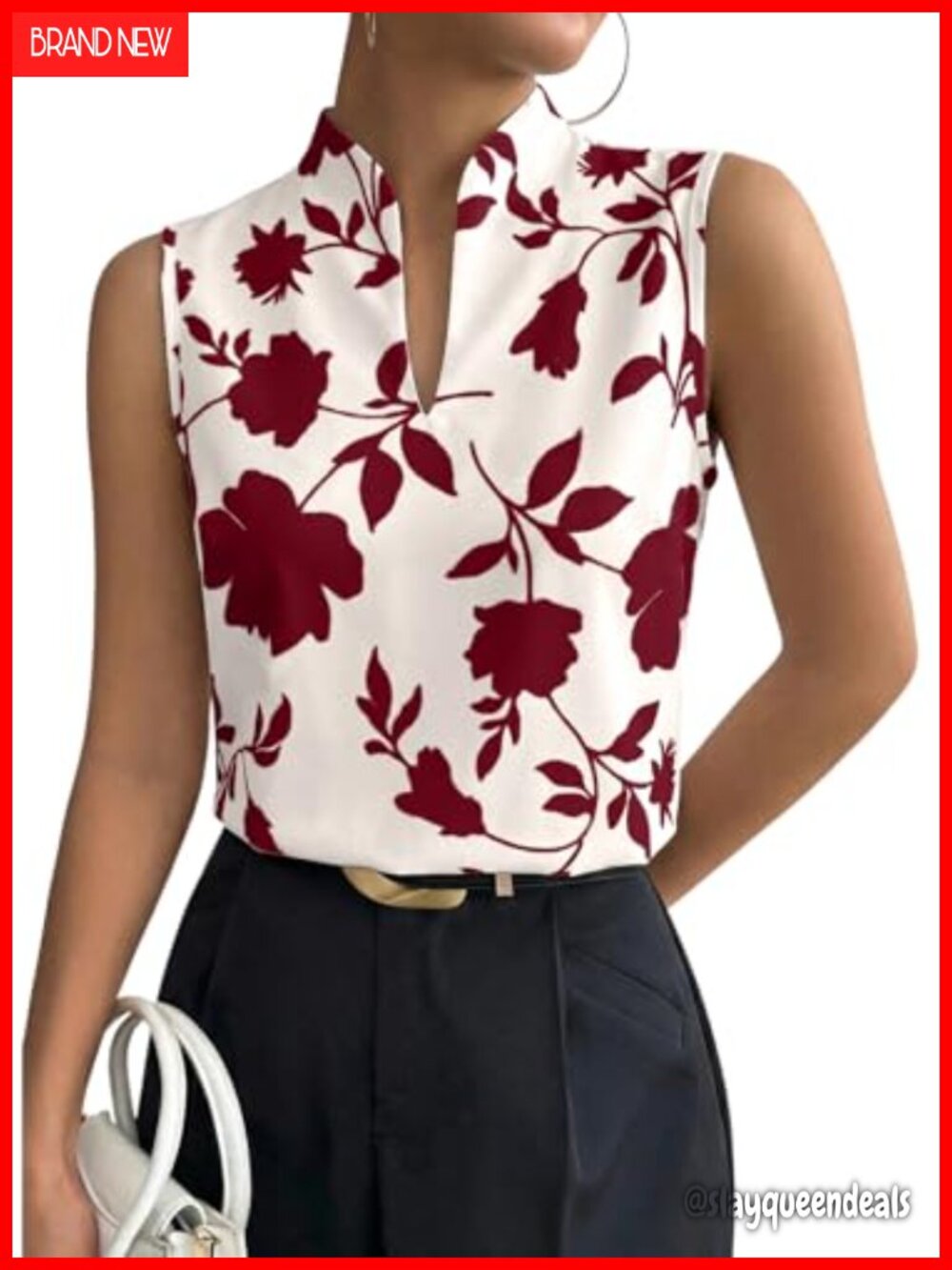 Womens Floral Sleeveless Blouse V-Neck Business Casual Tank Top